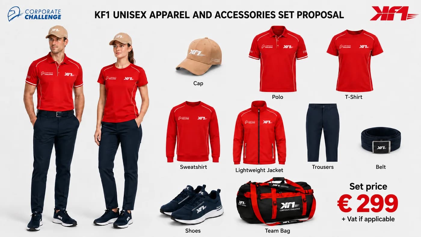 Supplier proposal for the apparel set in red and navy: cap, polo shirt, T-shirt, sweatshirt, lightweight jacket, trousers, belt, shoes and team bag