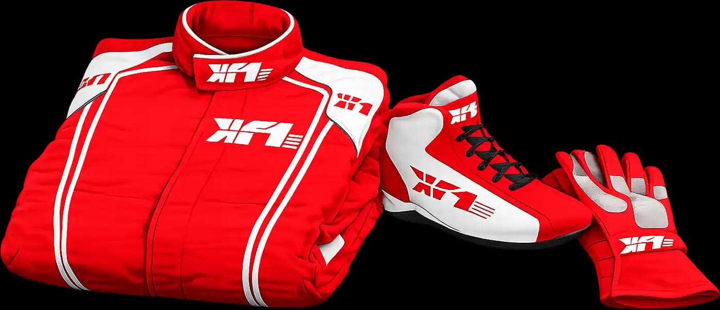 Illustrative render of a red KF1 racing suit, racing shoes and racing gloves
