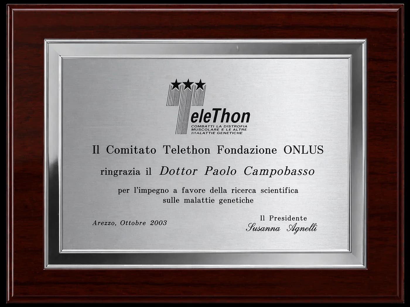 Engraved plaque from the Telethon Foundation, Arezzo, October 2003